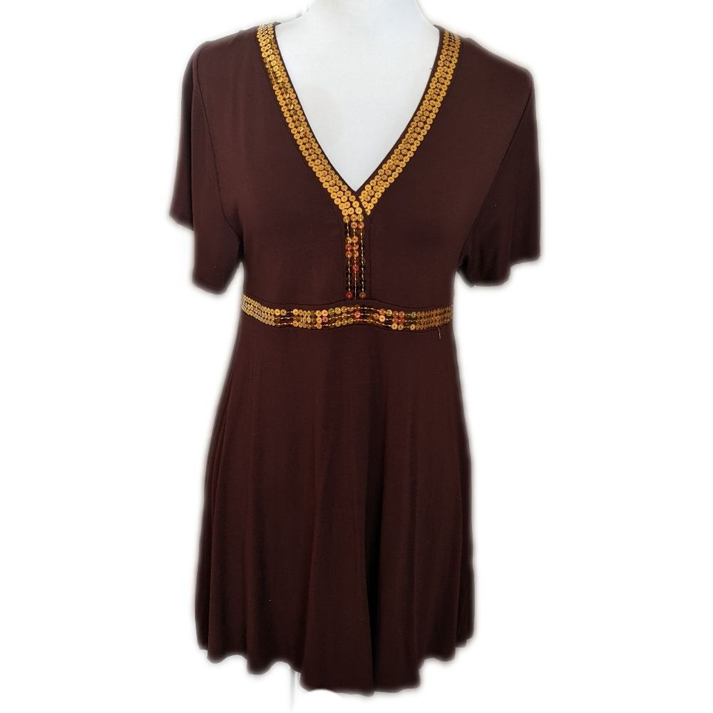 Venus brown w/ gold sequins mini dress swim cover up, v-neck & tie neck, S